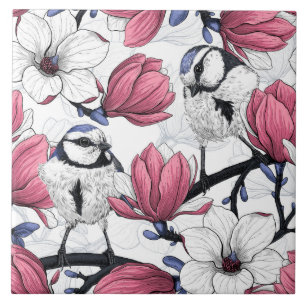 Roze magnolia en blauwe meesvogels tegeltje