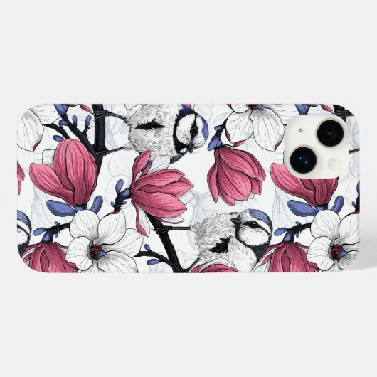 Roze magnolia en blauwe stietvogels Case-Mate iPhone case (Achterkant (horizontaal))