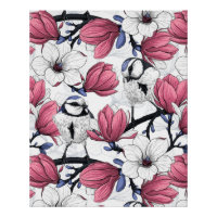 Roze magnolia en blauwe stietvogels