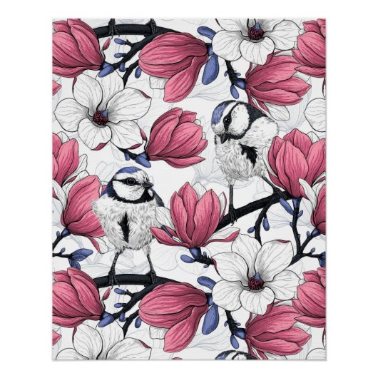 Roze magnolia en blauwe stietvogels perfect poster (Voorkant)