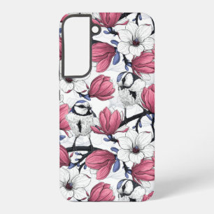 Roze magnolia en blauwe stietvogels samsung galaxy hoesje