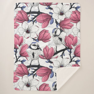 Roze magnolia en blauwe stietvogels sherpa deken
