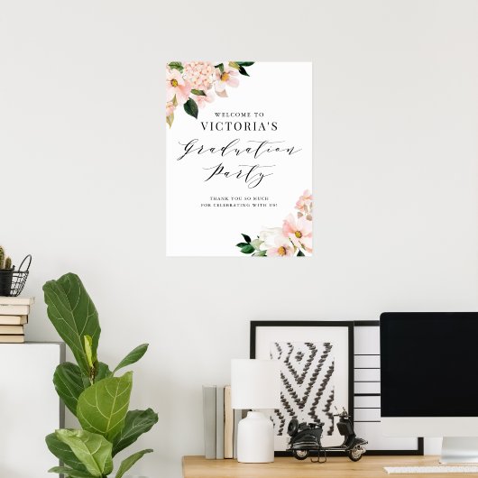 Roze Magnolia en Hydrangea Afstuderen Welkom Poster (Thuiskantoor)