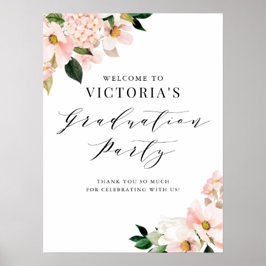 Roze Magnolia en Hydrangea Afstuderen Welkom Poster (Voorkant)