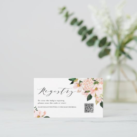 Roze Magnolia en Hydrangea URL Code Gift Registry Informatiekaartje (Staand voorkant)