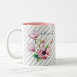 roze Magnolia Floral Grey Stripes en naam Tweekleurige Koffiemok
