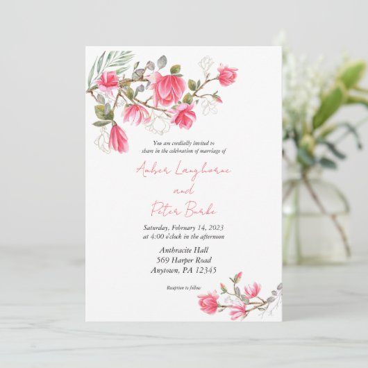 Roze Magnolia Flower trouwuitnodiging, nodigt uit Kaart (Staand voorkant)