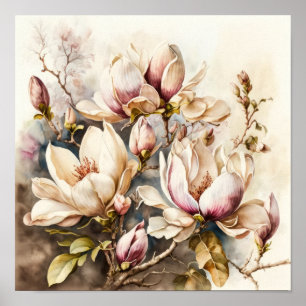Roze Magnolia Flowers Art Print Poster