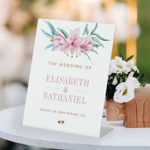 Roze magnolia lente tuin bruiloft welkom teken reclamebord met voetstuk