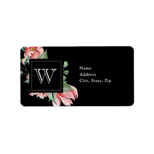Roze Magnolia Monogram op Black Weddenschap Etiket