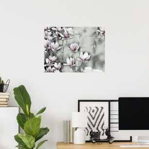 Roze magnolia tak die grijze zwarte achtergrond te poster