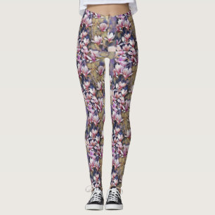 Roze magnolia tak waterverf paarse achtergrond leggings