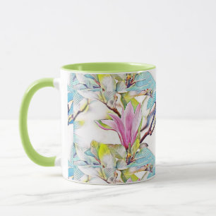Roze magnolia waterverf blauwe achtergrond mok