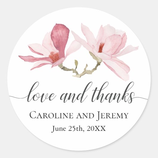 Roze Magnolia Waterverf Bloemen Dank u Ronde Sticker (Voorkant)