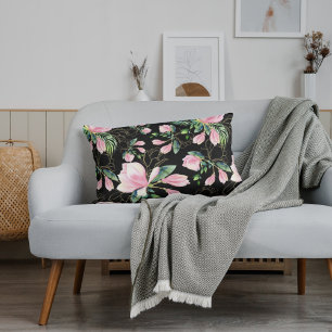 Roze Magnolia Waterverf Pattern Black Accent Kussen