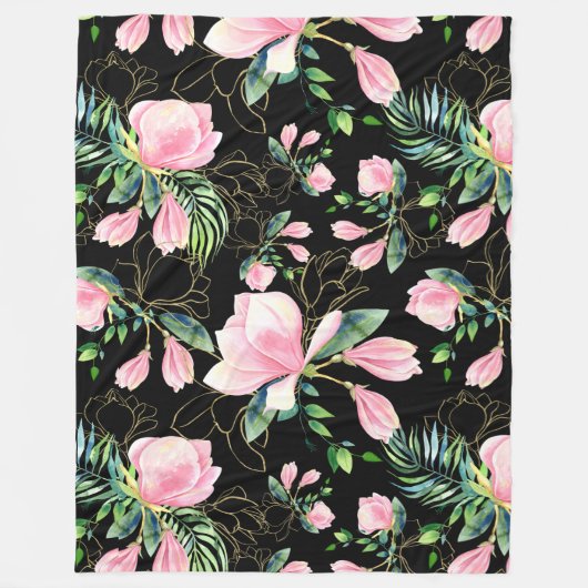 Roze Magnolia Waterverf Pattern Black Fleece Deken (Voorkant)