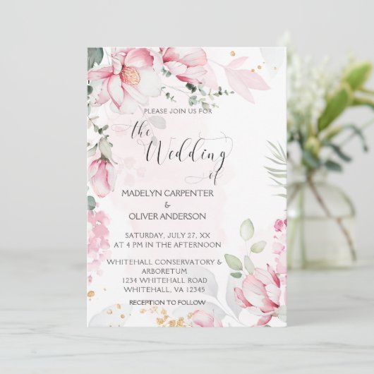 Roze Magnolia's bruiloft uitnodiging (Staand voorkant)