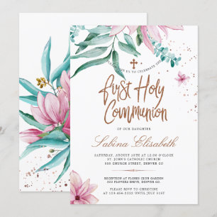Roze magnolia's heilige eerste communie kaart