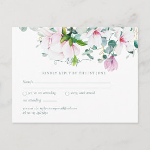 Roze Magnolias Sage Eucalyptus Wedding rsvp Postc Briefkaart