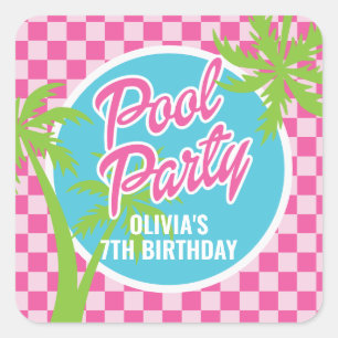 Roze Malibu Pool Party Verjaardag Vierkante Sticker