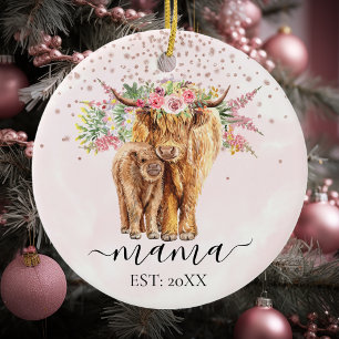Roze Mama Baby Hoogland Koe Kalf Moeder Keramisch Ornament