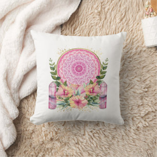 Roze Mandala Crystal Flowers Waterverf Boho Throw Kussen