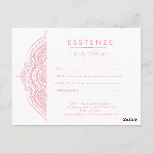 Roze Mandala Gift Certificate Design Briefkaart (Achterkant)