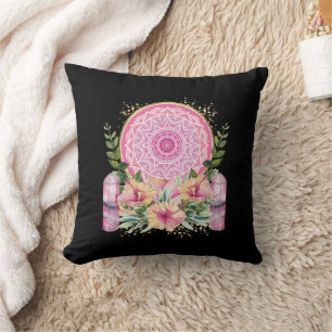Roze Mandala Kristal Bloemen Waterverf Boho Kussen