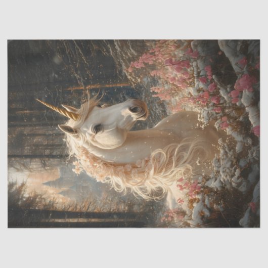 Roze Manen Witte Eenhoorn Winter Sprookjeskasteel Tissuepapier (Voorkant)