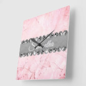Roze Marble Diamond Bling Vierkante Klok (Hoek)