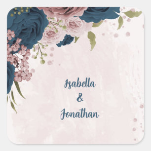 roze marine blauwe bloemen botanische bruiloft vierkante sticker