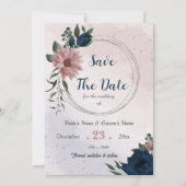 Roze & marine bloemen botanisch save the date (Voorkant)