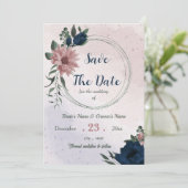 Roze & marine bloemen botanisch save the date (Staand voorkant)