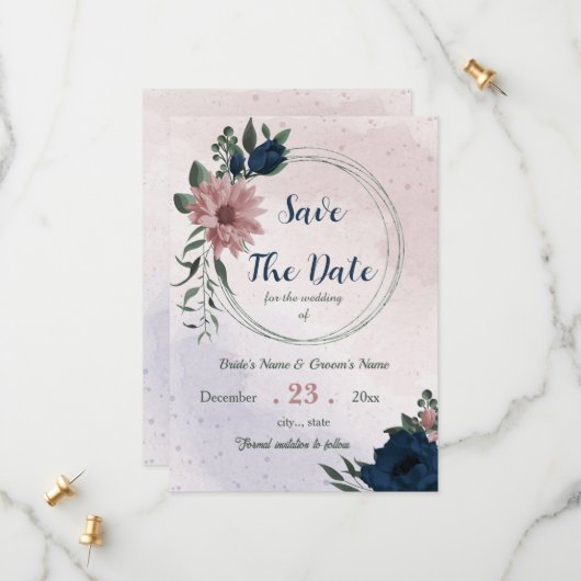 Roze & marine bloemen botanisch save the date (Voorkant / Achterkant in situ)