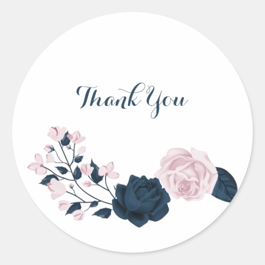 roze & marine bloemen dank u ronde sticker (Voorkant)