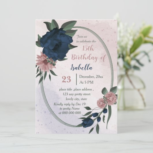 roze & marine bloemen geometrische verjaardag kaart (Staand voorkant)