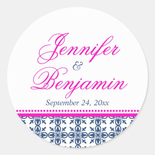Roze marine preppy aangepaste naam bruiloft gunst ronde sticker (Voorkant)