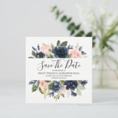 Roze & Marine Waterverf Bloemen Bruiloft Save The Date (Staand voorkant)