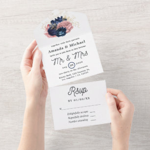 Roze, marineblauw en gouden bloemen bruiloft all in one uitnodiging