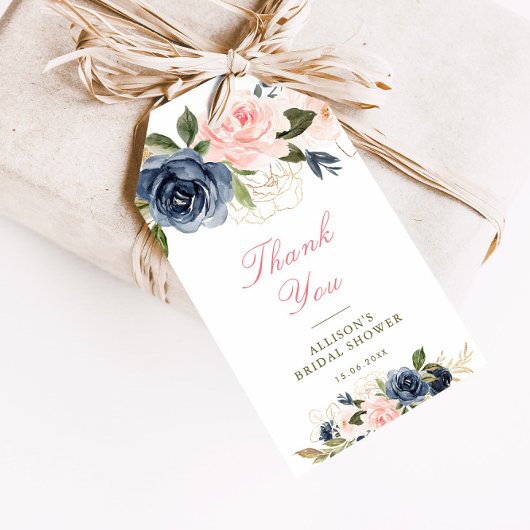 Roze & marineblauw waterverf floraal vrijgezellenf cadeaulabel