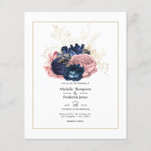Roze, marineblauwe en gouden bloemige trouwuitnodi flyer