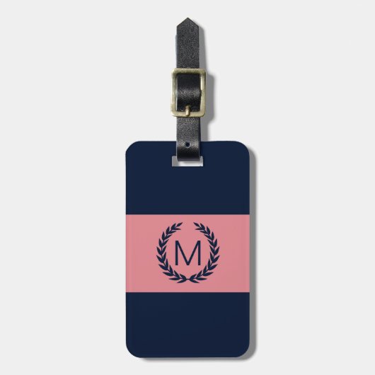 Roze & marineblauwe streep laurierkrans monogram bagagelabel (Voorkant verticaal)