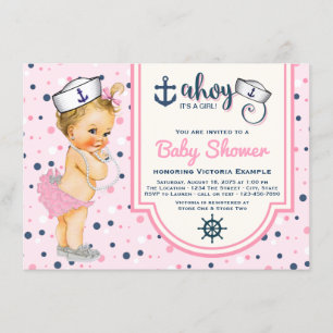 Roze marineblauwe zeevaart baby shower kaart