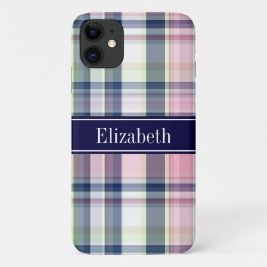 Roze marinegroene witte preppy Madras N Monogram Case-Mate iPhone Case (Achterkant)