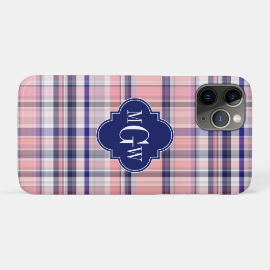 Roze marinewitte preppy Madras Quatrefoil Monogram Case-Mate iPhone Case (Achterkant (horizontaal))