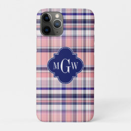 Roze marinewitte preppy Madras Quatrefoil Monogram iPhone 11 Pro Hoesje