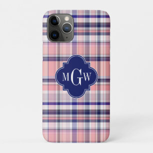 Roze marinewitte preppy Madras Quatrefoil Monogram iPhone 11 Pro Hoesje