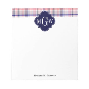Roze marinewitte preppy Madras Quatrefoil Monogram Notitieblok