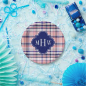 Roze marinewitte preppy Madras Quatrefoil Monogram Papieren Bordje (Feest)
