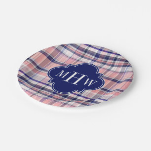 Roze marinewitte preppy Madras Quatrefoil Monogram Papieren Bordje